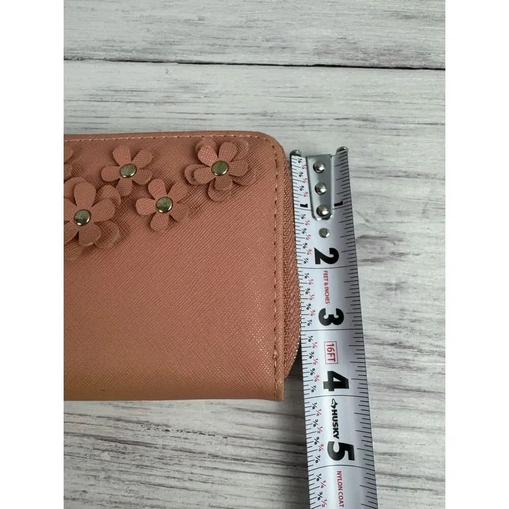 Under One Sky Coral Wallet Dual Zipper‎ Wrist Strap Flower design Studs EUC